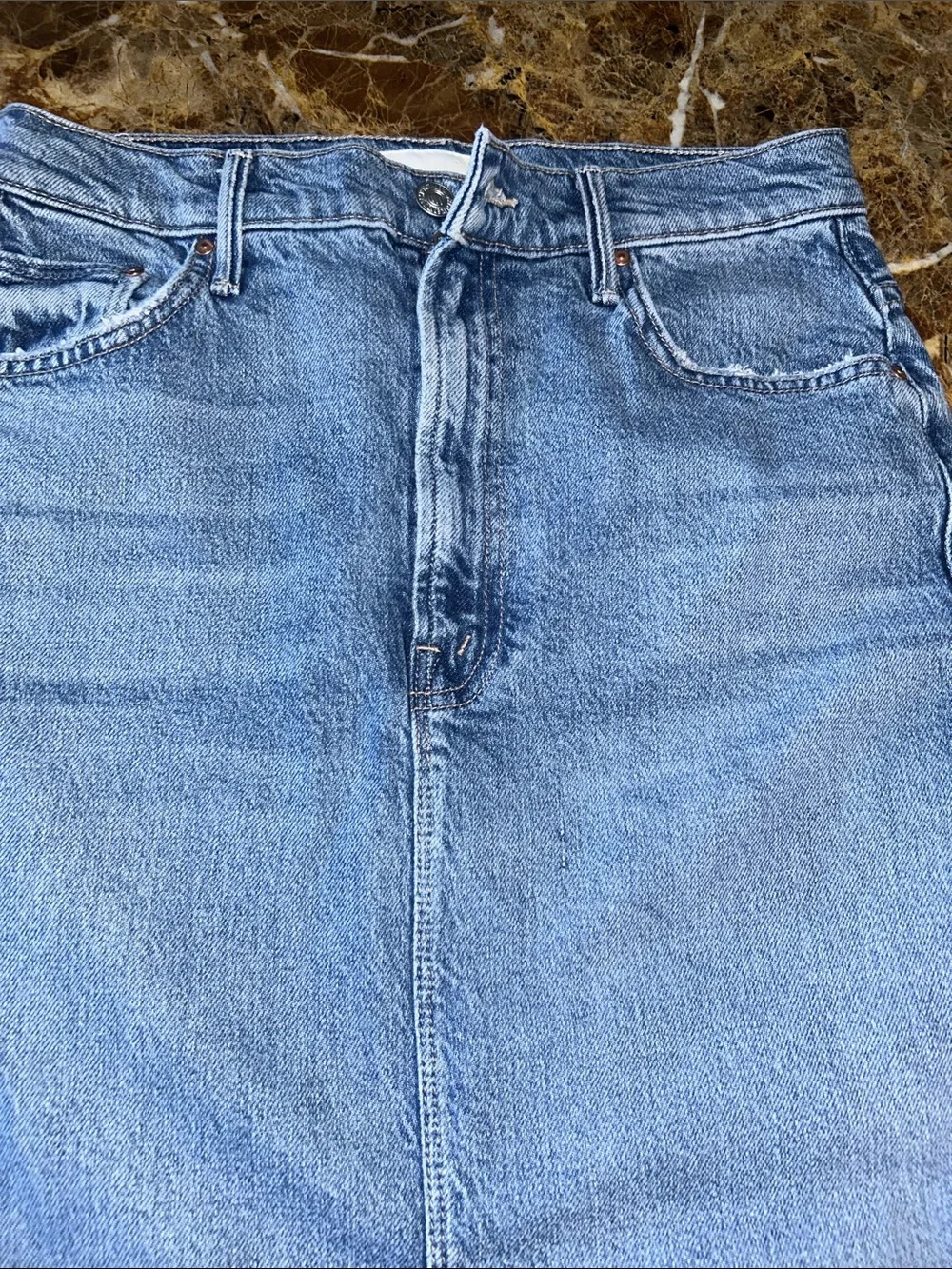 Mother the split second Classic Blue Denim Midi Skirt high diagonal front slit